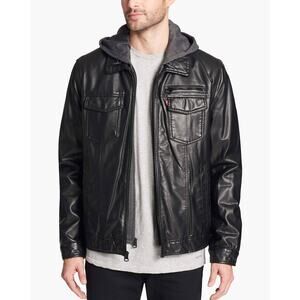 Levi's Black Faux Leather Sherpa Trucker Jacket with‎ Built in Hoodie XXL